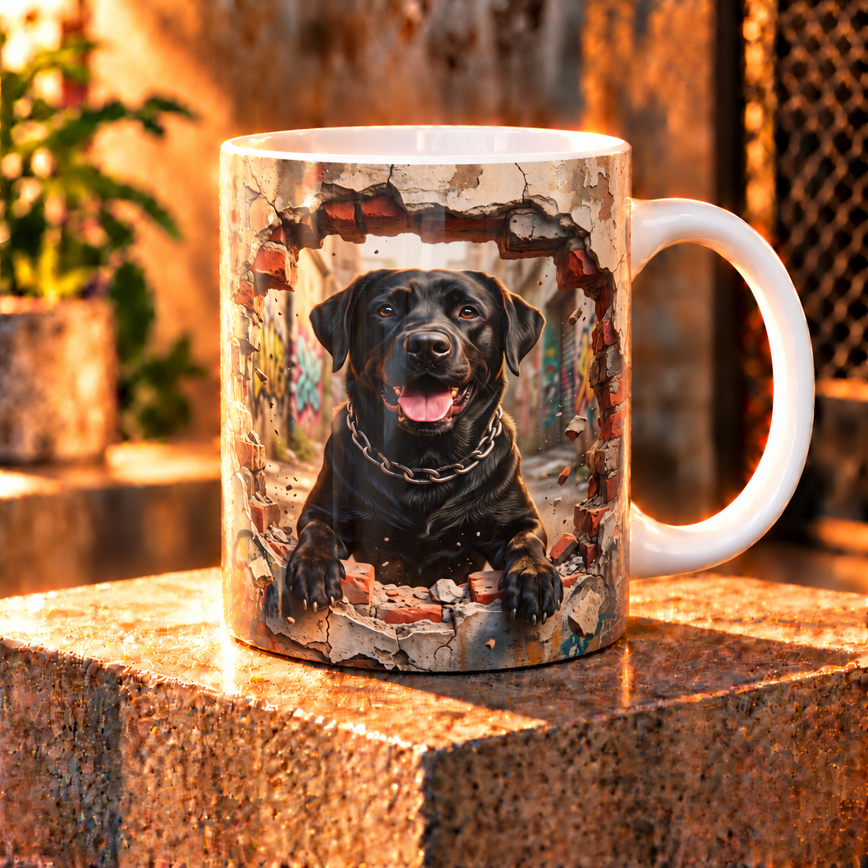 Keramický hrnek „Černý labrador proráží zeď“ – 330 ml